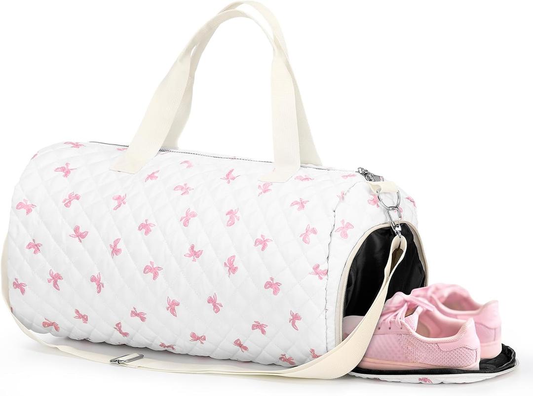 Dansydaisy Quilted Duffle Bag for Women Cotton Pink Bow Dance Bag with Adjustable Carry Strap and Handy Pouch Floral Backpack for Dancers, 18.9 x 9.45 x 8.66 inches