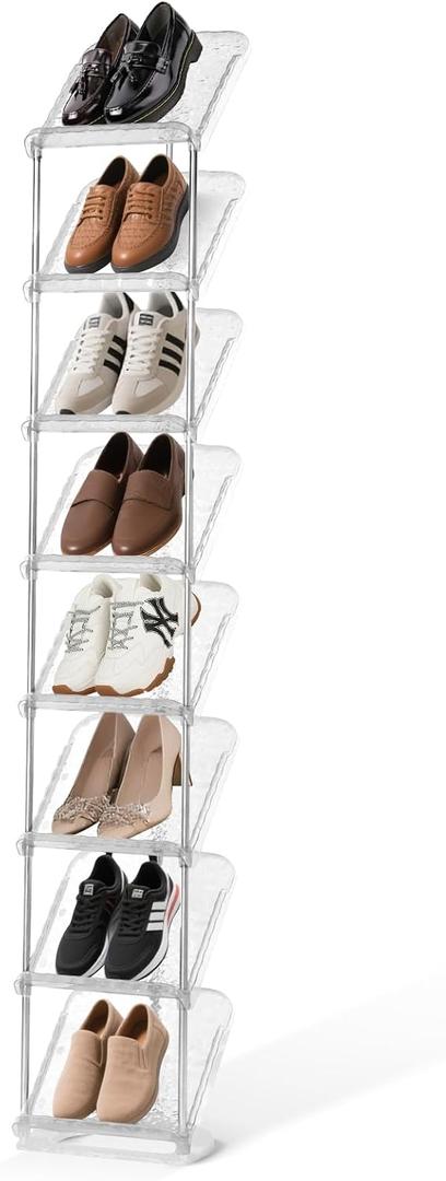 SMILHELTD Vertical Shoe Rack 8 Tiers Narrow Clear Sneaker Storage Holder Luxurious Slim Tall Organizer Space Saving Shelf for Entryway Garage 10.4" W x 64.5" H x 9.8" D (Transparent)