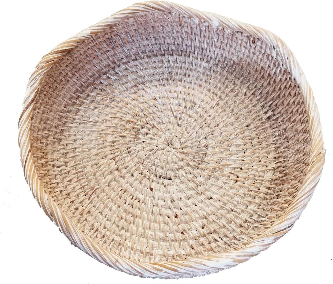 Handmwoven White Washed Rattan Round Fruit Basket Food Storage Bowls,Boho Home Dcor Display Tray for Coffee Table,Ottoman,Dining Room, 8.7"DX2.8"