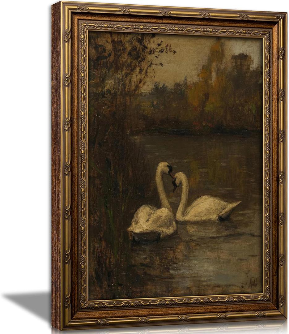 Vintage Gold Framed Swans Wall Art Antique Romantic Swan Lake Cottagecore Painting Canvas Prints Dark Moody Animal Picture Poster Modern Rustic Farmhouse Artwork for Living Room Bedroom Bathroom