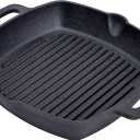 Bruntmor 10 Inch Square Cast Iron Grill Pan Steak Pan Pre Seasoned Grill Pan with Easy Grease Drain Spout, with Large Loop Handles for Grilling Bacon, Steak, and Meats