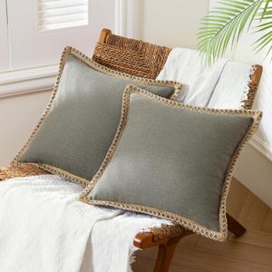 Phantoscope Pack of 2 Farmhouse Decorative Solid Throw Decorative Pillow Cover Burlap Linen Trimmed Tailored Edges Grey 22 x 22 inches, 55 x 55 cm (Gray)