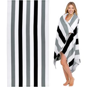 cabanana Large Oversized Beach Towel - Microfiber Sand Free 35 x 70 Inch Quick Dry Lightweight Pool Towel for Adults, Thin Striped Swim Towel (Black)