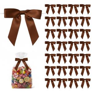 50 Pack Satin Twist Tie Bows, 2.75 Inch Pre-Tied Mini Ribbon Bows for Gift Bags, Treat Bags, Party Favor Bags and Small Gift Packaging (Brown)