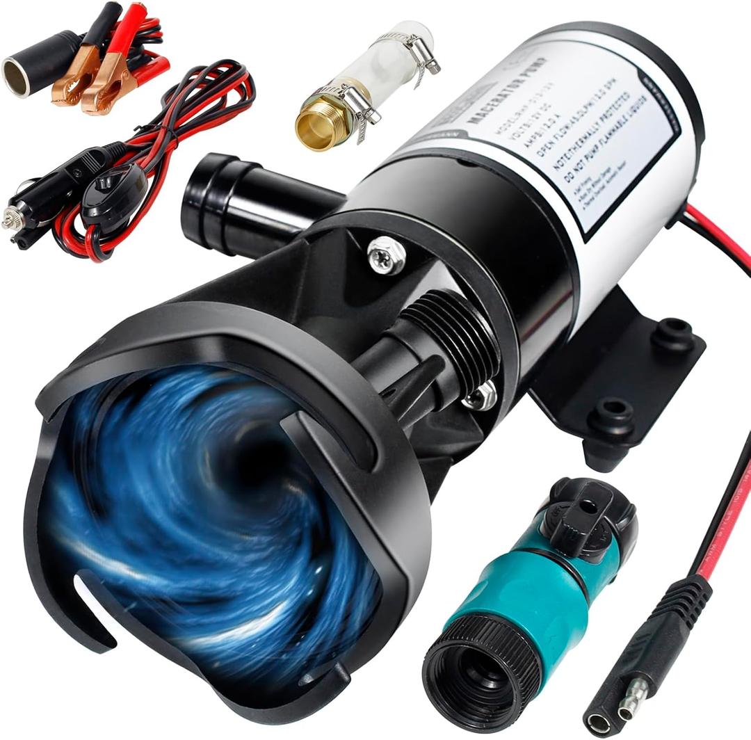WASSERMANN Macerator Waste Pump 12V RV Portable Pump for Sewage, 12.0A 12GPM Suction 3.2 feet Lift 10 feet,RV Waste Macerator Pump with Quick-Release Fittings, Hoses & Clamps