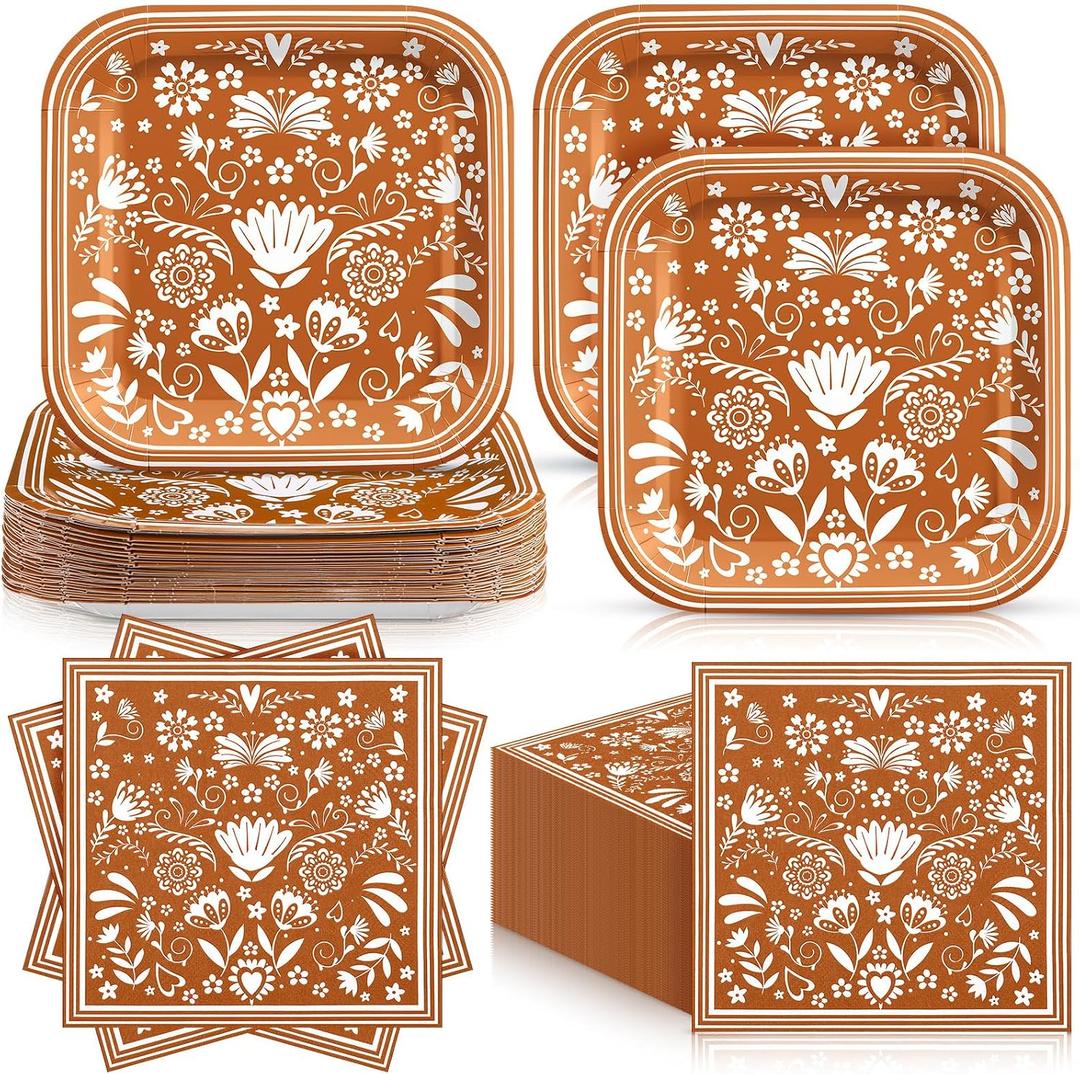 Zhehao 72 Pcs Cielito Lindo Plates and Napkin Set Serve 36 Platos De Barro Mexicanos for Mexican Cielito Lindo Party Supplies 7" Fiesta Terracotta Clay Pottery Disposable Decoration