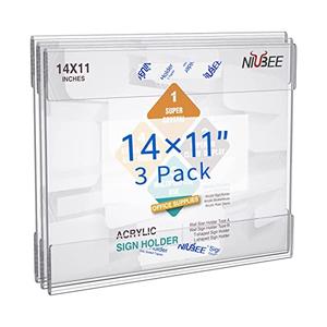 NIUBEE Acrylic Sign Holder 14 x 11 inches Wall Mount Sign Holder with Double Sided Adhesive Tape Wall Acrylic Frame for Office, Home, Store, Restaurant, Horizontal, 3 Pack