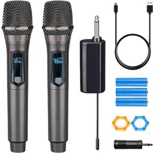 Wireless Microphone, Rechargeable Fixed Frequency Wireless Dual Microphone,Handheld Dynamic mic,Karaoke Singing, Weddings DJ,Party, Church, Classroom use, 200 feet, Gray
