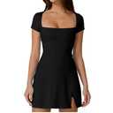 QINSEN Womens Square Neck Tennis Dress Short Sleeve Built in Shorts Golf Athletic Dress with Pockets Black, Size: L