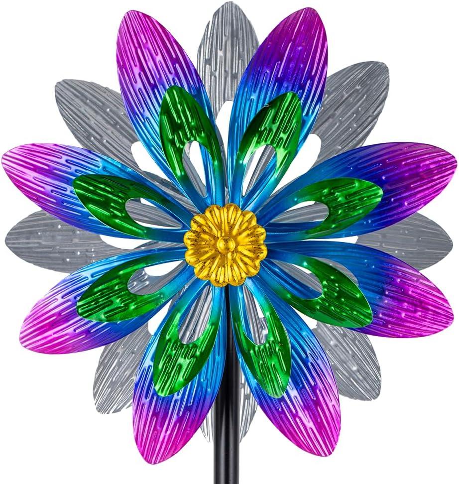 360°Metal Wind Spinner Outdoor,13”Double Wind Sculptures Garden Pinwheels with Metal Stak,Waterproof Pinwheels Large Wind Spinner for Yard and Garden（Purple）