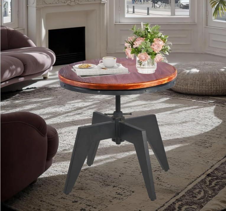 Industrial Coffee Table 24" D Round Small Wood Coffee Accent Table for Living Room Height Adjustable End Tables Swivel Sofa Side Table Dining Table Brown and Black 20"-26"H