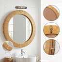 24" Round Rattan Mirror for Bathroom, Decorative Boho Circle Wall Mirror, Farmhouse Wooden Framed Woven Wicker Mirror for Entryway Living Room Nursery Bedroom Fireplace Nature