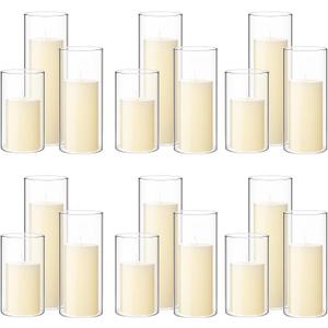 Shihanee 36 Pcs Pillar Candles and Glass Cylinder Vases Tall Cylinder Holders for Pillar Candles Wedding Centerpieces, Total 18 Sets(2.6'' X 4.7'', 5.9'', 7.9'',Clear,Ivory)