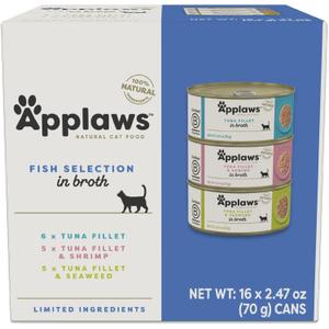 Applaws Natural Wet Canned Cat Food, Limited and Natural Ingredients, High Protein with No Artificial Additives, Fish Selection Variety Pack in Broth (16 x 2.47oz Cans) (EXP 10/07/28)