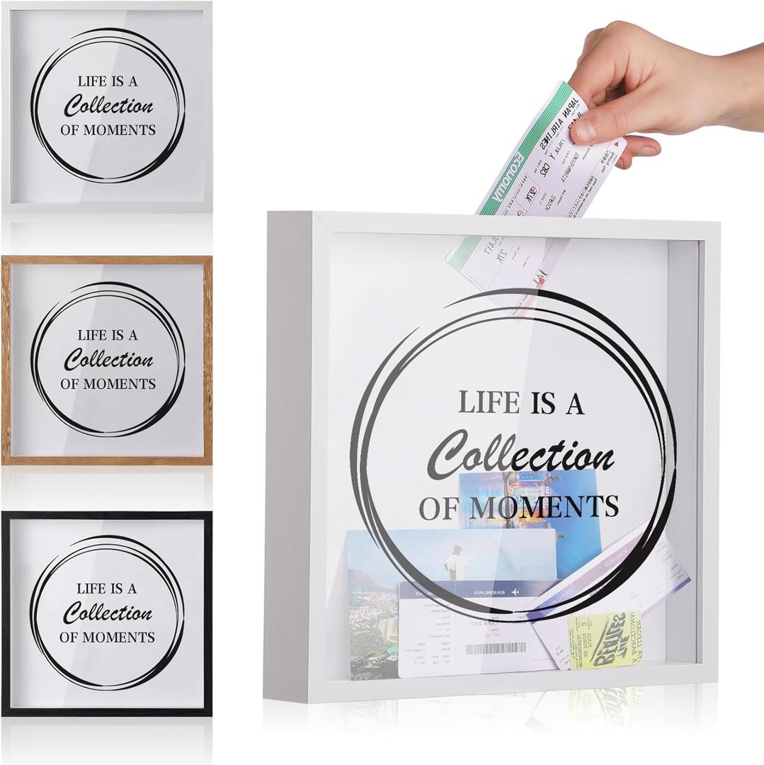 Adventure Challenge Archive Shadow Box Picture Frame With Slot, 8&12In Ticket Card Memory Box for Keepsakes, Top Loading Display Case Travel Decor Gift (White, 12x12in)