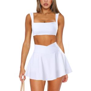 Two Piece Tennis Skirt Sets for Women 2 Piece Mini Skirt Set Going Out Golf Skort Athletic Skirt Pickleball Outfit (Small)