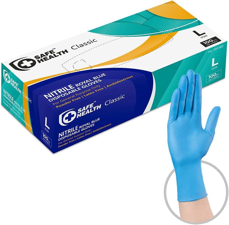 Safe Health Nitrile Disposable Gloves, Free of Latex & Powder, Blue, Textured, 3.5 Mil, Industrial, Food, Salon, Cleaning