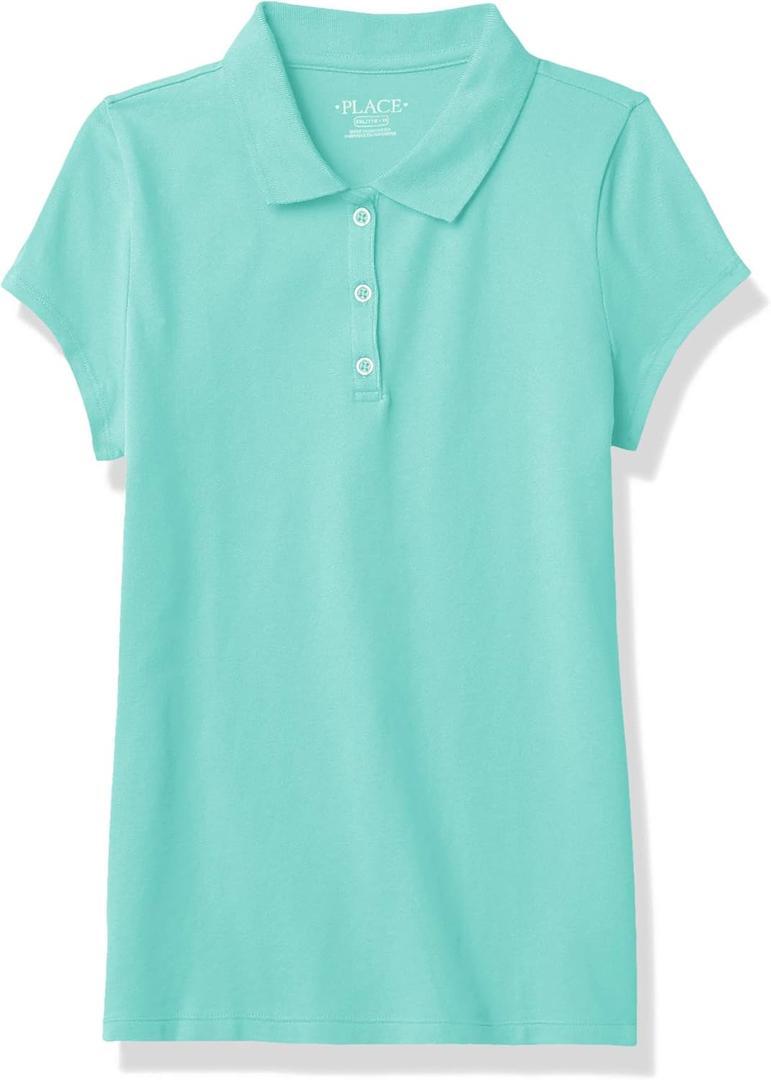 The Children's Place Girl's Short Sleeve Ruffle Pique Polo Shirt (Green, L)