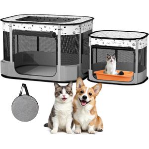Portable Cat Playpen, Foldable Pet Dog Playpen, for Kitten Puppy Play Pen Indoor/Outdoor, Cats Enclosure Cages Tent with Carrying Case, 600D Oxford 8-Rods, 32"x24"x22", Grey