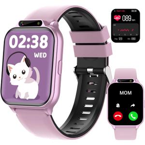 Kids Waterproof Smart Watch Girls with Fitness Tracker Sports Activity Pedometer Heartrate SpO2 Stress Monitor Flashlight APP HD Touch Screen Camera Games Music for 4-13 Year Old Girls Gifts for Kids (Pink)
