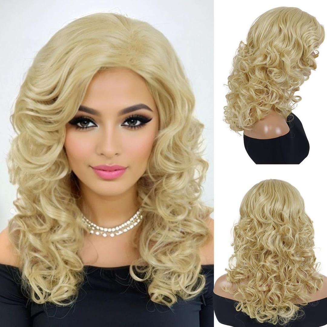 GNIMEGIL Long Blonde Curly Wigs Golden Blond Tones 22 Inch Long Wavy Synthetic Full Hair With Bangs 80s Vintage Costume Wigs For Women Highlights Halloween Wig
