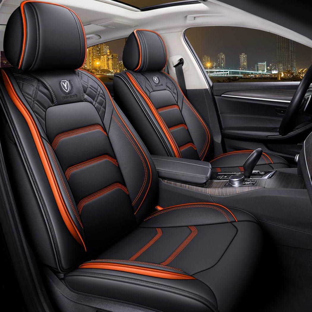 Comfortable Leather Auto Car Seat Covers 5 Seats Full Set Universal Fit (Black & Orange)