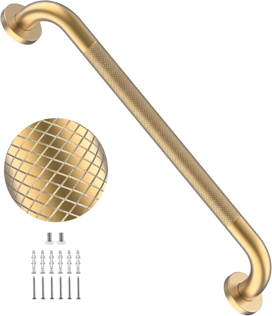 24 Inch Anti Slip Shower Grab Bar,YuanDe Brushed Gold Bath Grab Bar | Stainless Steel Knurled Bathroom Safety Rail, Shower Handrail Support, Handicap Elderly Balance Assist Handles-1.25" Diameter