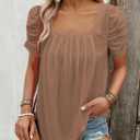 Dokotoo Women's Hollow Pleated Short Sleeves Square Neck Casual Loose Solid Color Knit T Shirts Tops Blouses (Brown, L)