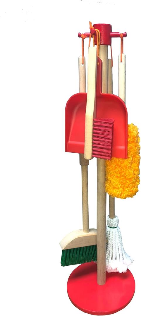 JustForKids Wooden Detachable Kids Cleaning Set - Duster, Brush, Mop, Broom and Hanging Stand Play - Housekeeping Kit - STEM Toys for Toddlers Girls & Boys, Total 6 Pieces,Multi Color,10071