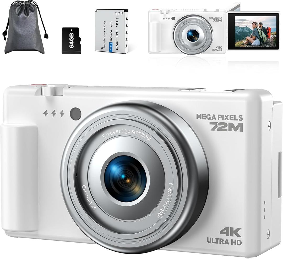4K Digital Camera for Photography, 72MP Vlogging Camera for YouTube, Autofocus Digital Cameras with 270 Flip Screen, 18X Digital Zoom Point and Shoot Cameras with 64GB TF Card & Battery, Carry Bag (Pure White)