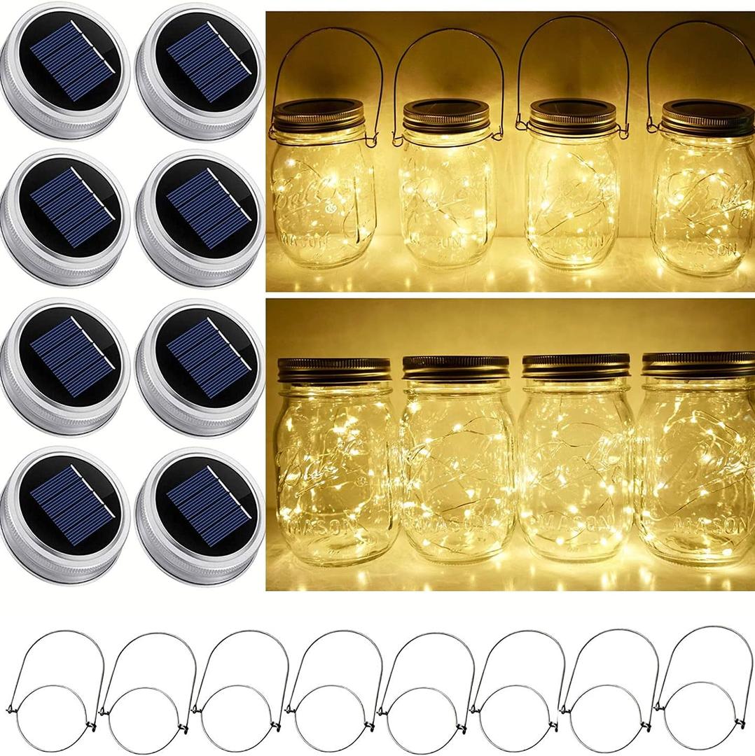 Solar Mason Jar Lid String Lights, 8 Pack 20 Led String Fairy Star Firefly Jar Lids Lights with 8 Hangers Included (Jars Not Included), for Mason Jar Patio Garden Wedding Lantern (Warm White)