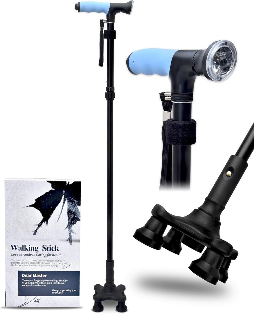 Sangohe Walking Cane - Walking Stick Adjustable, Pivot Tip Four Legs Base, Safety Light, Travel Bag - Walking Sticks for Seniors & Adults - Folding Canes for Stability, Black, 929D
