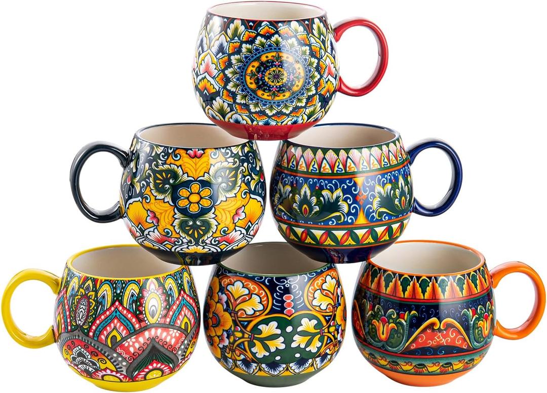 Henten Home Ceramic Coffee Mug Set of 6, 20 oz Colorful Coffee Cup with Handle, Boho Porcelian Mug for Cappuccino, Latte, Tea, Hot Chocolate, Cocoa, Microwave & Dishwasher Safe