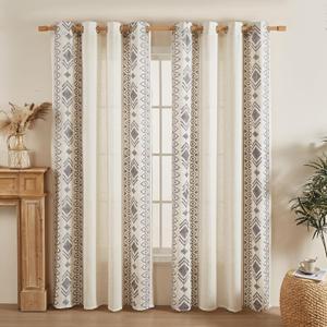 Linen Embroidered Drapes for Living Room 63 Inches Long Grey Boho Curtains 2 Panels for Bedroom Country Farmhouse Living Room Light Filtering Grommet Window Treatment 55x63 Inch, Grey on Beige