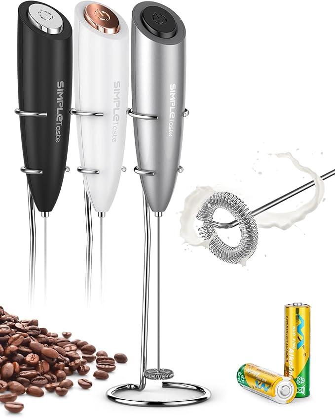 SIMPLETASTE Milk Frother Handheld Electric Foam Maker, Drink Mixer with Stainless Steel Whisk for Cappuccino, Bulletproof Coffee, Latte, Black, without Stand, USBC Rechargeable
