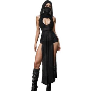 Women Goth Sheer Dress, Mock Neck Sleeveless Rave High Slit Dress with Hooded, EDM Music Festival Outfits (Large, Black)