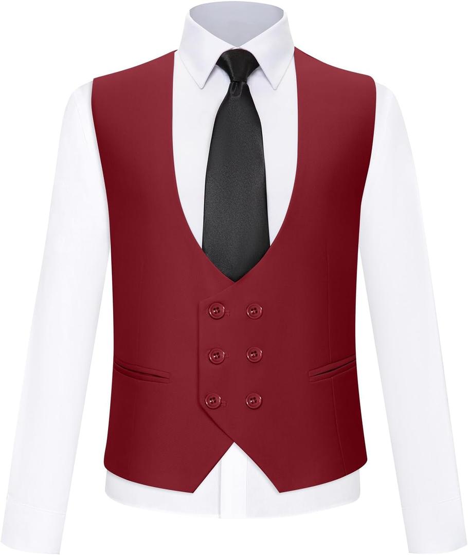 Boys Formal Suit Vest Double Breasted Solid Wedding Vest for Boys (2, Light Burgundy)