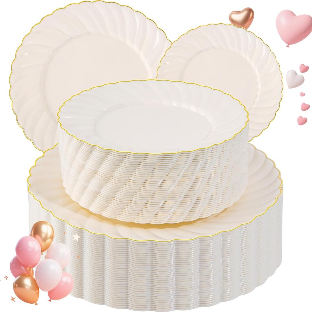 U-QE 100 Piece Ivory Scalloped Plastic Plates for Party with Gold Rim - Plastic Party Plates Disposable Heavy Duty - High End Disposable Plates Include 50pcs Dinner Plates 9"&50pcs Dessert Plates 6.5"