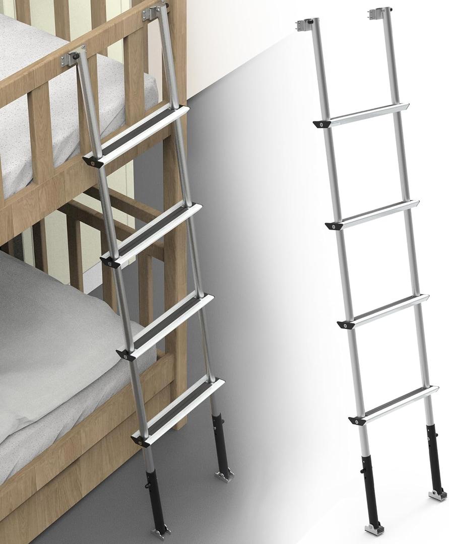 61.5" Pre-Assembled Bunk Ladder, Adjustable 3 Levels of Height, Aluminum RV Bunk Bed Ladder with 4 Anti-Slip Steps, Non-Slip Feet, 2 Fixing Methods(White)