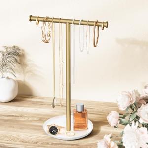 Gold Necklace Organizer Stand with Storage Tray - 12.6" Tall T-Shaped Jewelry Holder Stand for Bracelets, Earrings, Rings | Stylish Home & Vanity Dcor for Women.
