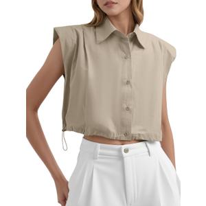 Tankaneo Womens Sleeveless Button Down Shirts Casual Summer Crop Tank Top | 100% Cotton, Loose, V Neck Pad Shoulder Top Medium, Khaki