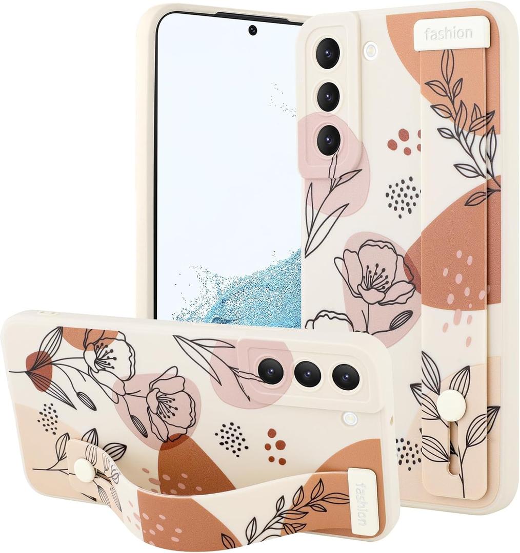 OOK Compatible with Samsung Galaxy S22 Plus Case with Wrist Strap, White Flower Florals TPU Shockproof Protection Slim Silicone Flowers Cover with Camera Lens Protection for Women Girls, for 6.6inch