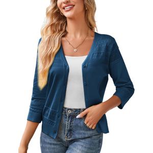 GRACE KARIN Women's Cropped Cardigan 3/4 Sleeve Lightweight Crochet Shrug Hollowed-Out Knit Sweater Tops, Navy Blue, S
