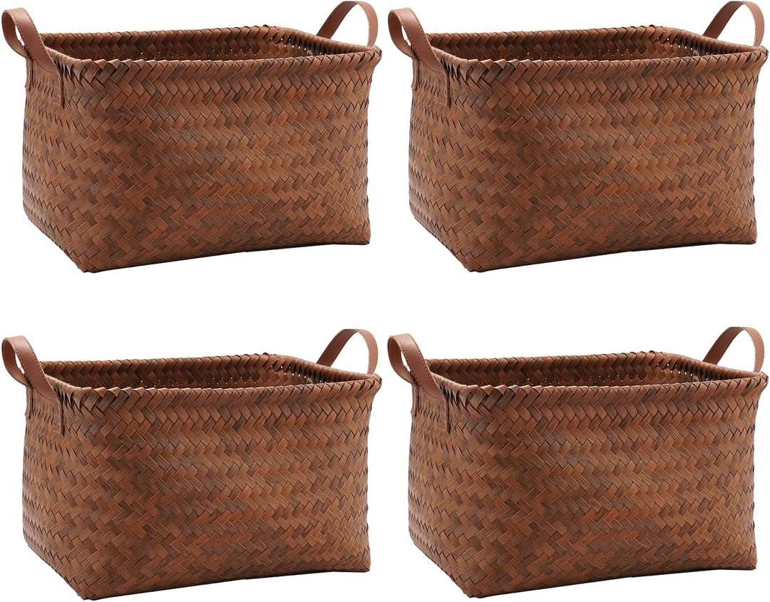 GIB Large Wicker Storage Baskets for Shelves Clothes Blankets Basket Woven Laundry Basket for Organizing, Decorative Rectangular Closet Organizers and Storage Bins with Handles, Brown, 4 Pack