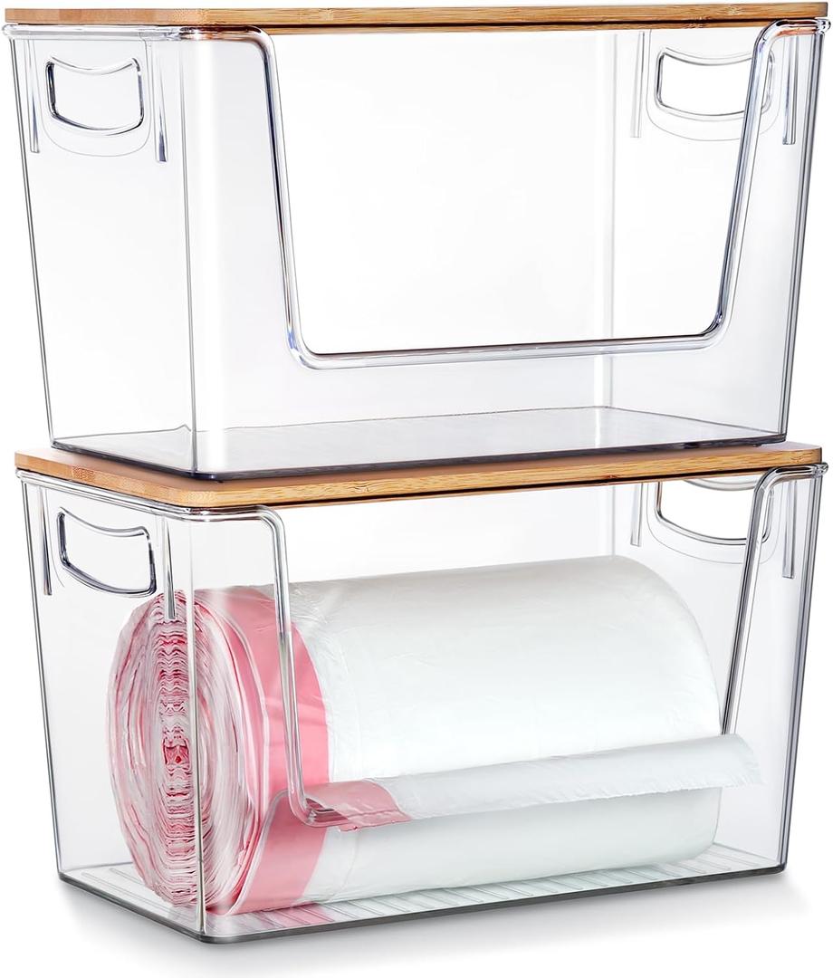 2 Pack Trash Bag Holder Dispenser, Extra Large Garbage Bags Holder, Stackable Trash Bag Holder with Bamboo Top for Laundry Room & Under Sink