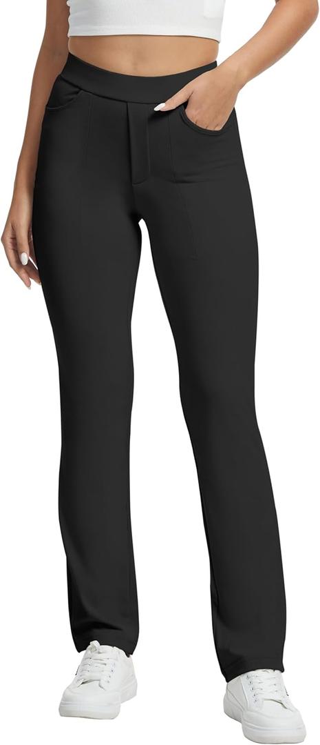 VIMPEP Womens Soft Feeling Straight Yoga Pants Pull On Stretchy Dress Pants for Business Casual Petite/Regular 106 27" Height: below 5'2", X-Large, Black