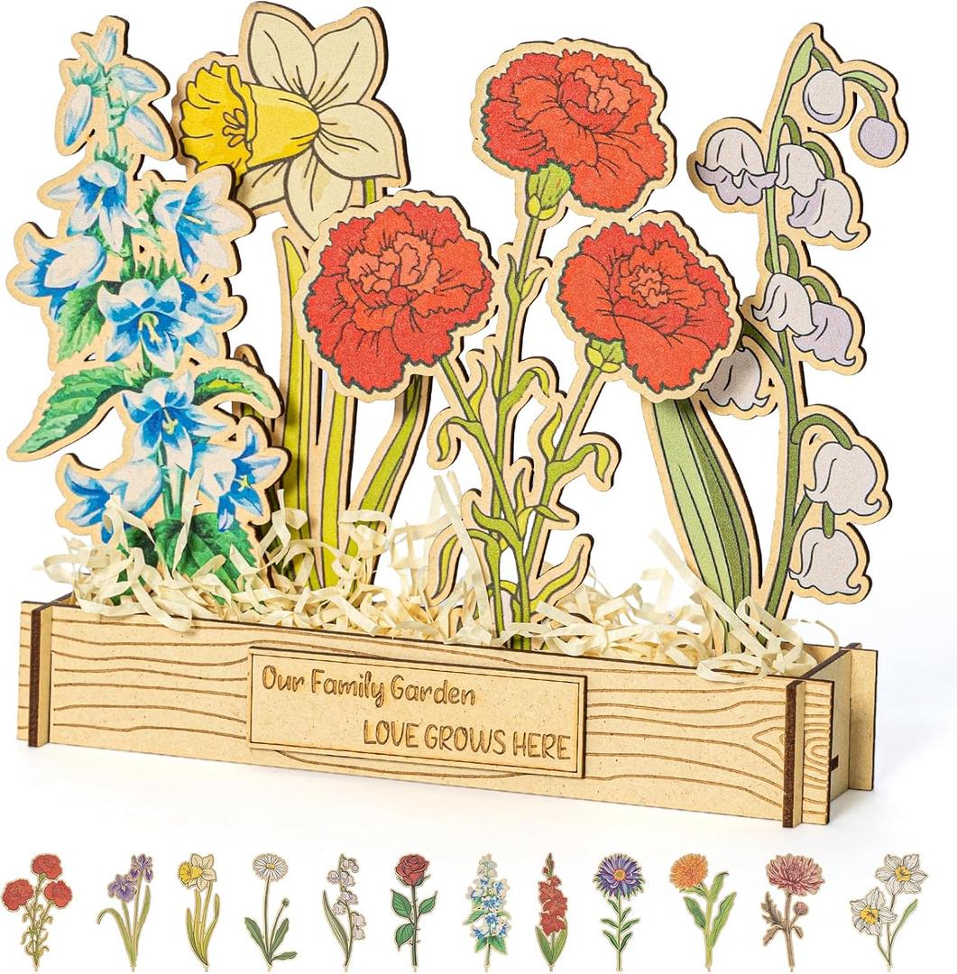 Mother's Day - 12 Birth Month Flowers Wooden Garden Decor for Grandma's Birthday, Floral Gift for Mom from Daughter, Practical Wooden Keepsake to Remember A Day, Flower Room Decor Idea for Grandma