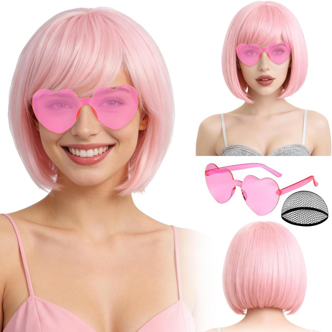 PLULON Pink Bob Wig with Heart Sunglasses for Women Men, Colorful Short Funny Bob Wigs with Bangs Black Hair Cap Colored Cosplay Hairpieces for Christmas Halloween Costume Neon Bachelorette Party