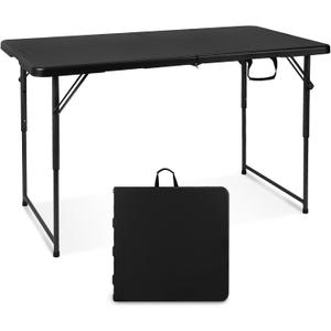 Folding Table 4 Foot Portable Heavy Duty Plastic Fold-in-Half Utility Table Small Indoor Outdoor Adjustable Height Folding with Carrying Handle, Camping and Party, Black