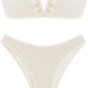 ZAFUL Women's Strapless Ribbed V Wired Lace Up Ruffle Tie High Cut Bandeau Swimsuits Bikini Set (Large, 1-beige)